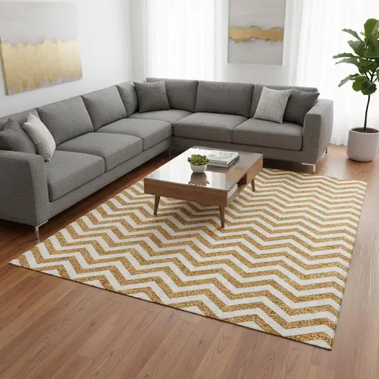 Orange And Ivory Chevron Washable Area Rug With UV Protection Photo 2