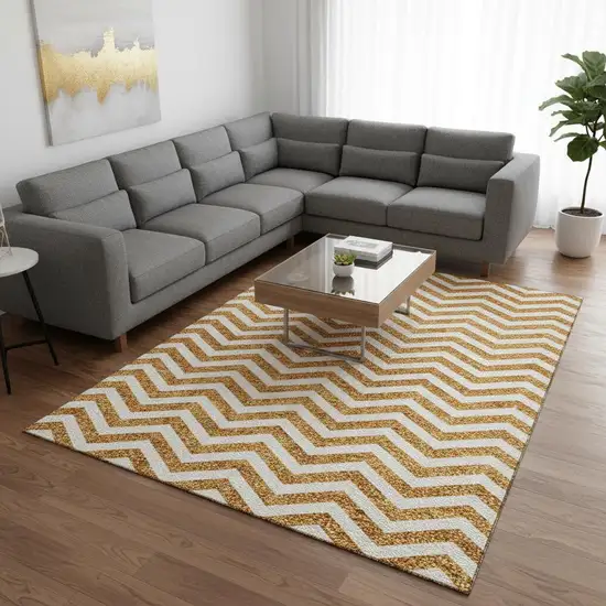 Orange And Ivory Chevron Washable Area Rug With UV Protection Photo 2