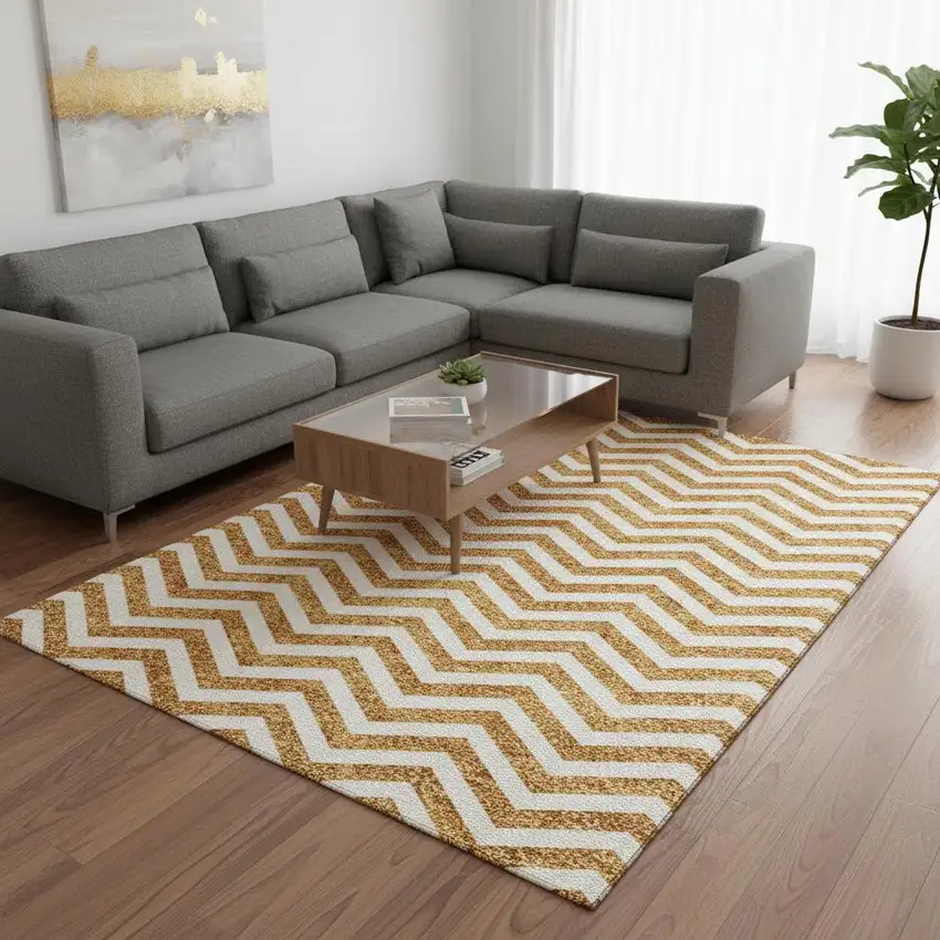 Orange And Ivory Chevron Washable Area Rug With UV Protection Photo 2
