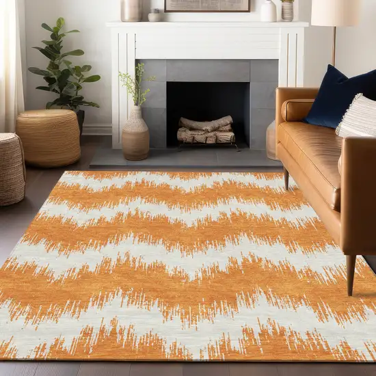 Orange And Ivory Chevron Washable Indoor Outdoor Area Rug Photo 8