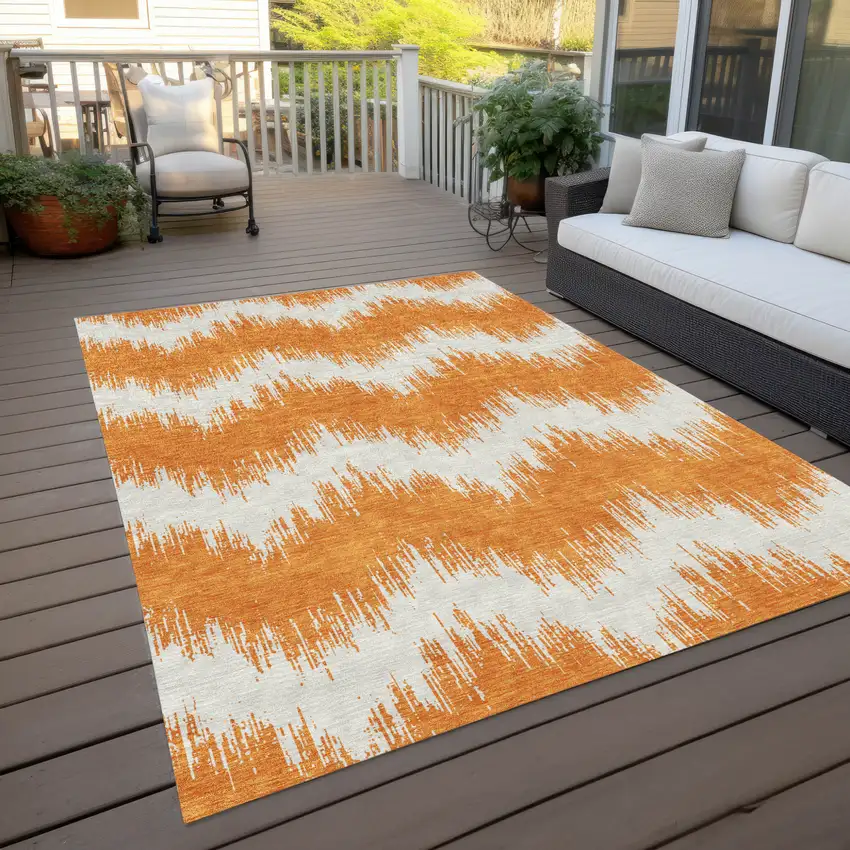 Orange And Ivory Chevron Washable Indoor Outdoor Area Rug Photo 9