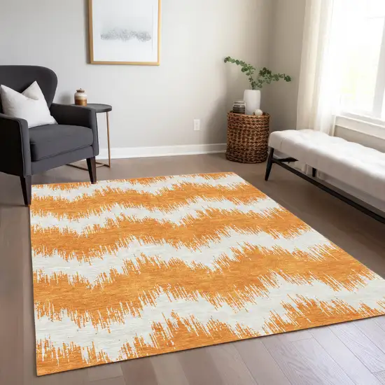 Orange And Ivory Chevron Washable Indoor Outdoor Area Rug Photo 9