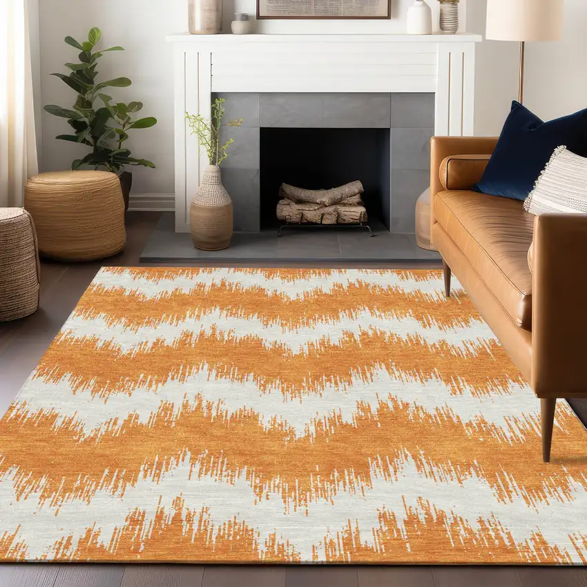 Orange And Ivory Chevron Washable Indoor Outdoor Area Rug Photo 9