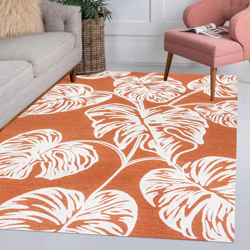 Orange And Ivory Floral Indoor Outdoor Area Rug Photo 9