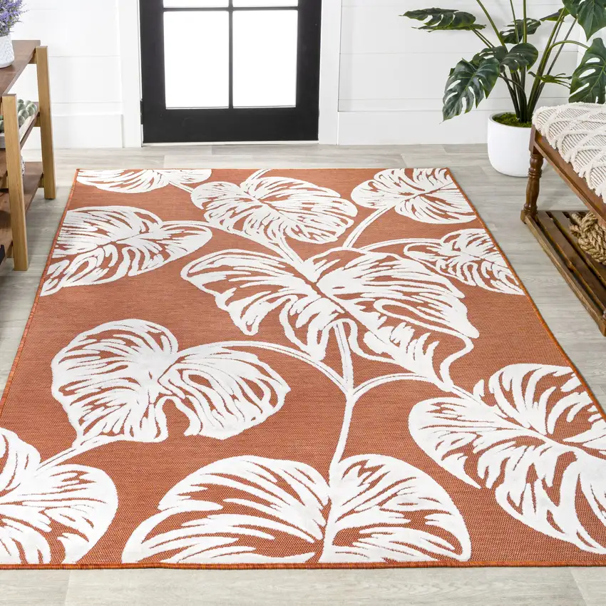 Orange And Ivory Floral Indoor Outdoor Area Rug Photo 7