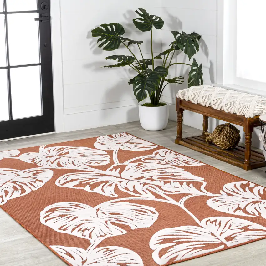 Orange And Ivory Floral Indoor Outdoor Area Rug Photo 8