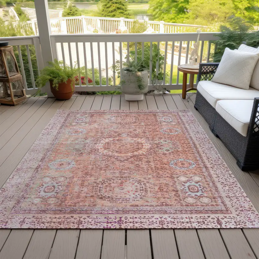 Orange And Ivory Floral Medallion Washable Indoor Outdoor Area Rug Photo 9