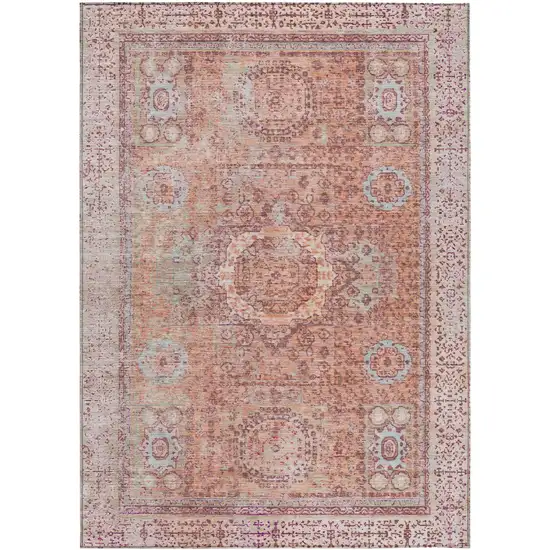 Orange And Ivory Floral Medallion Washable Indoor Outdoor Area Rug Photo 1