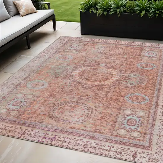 Orange And Ivory Floral Medallion Washable Indoor Outdoor Area Rug Photo 2
