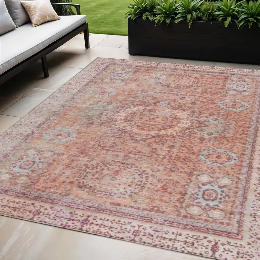 Orange And Ivory Floral Medallion Washable Indoor Outdoor Area Rug Photo 2