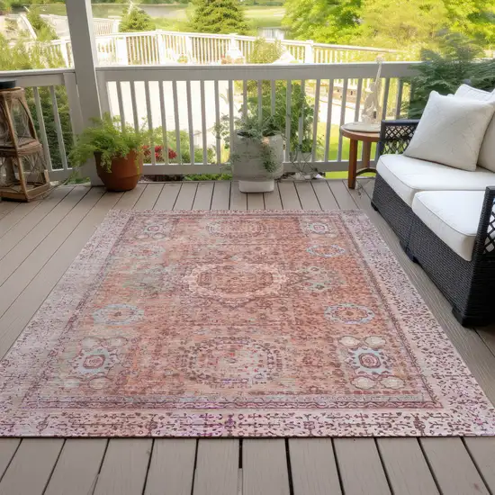 Orange And Ivory Floral Medallion Washable Indoor Outdoor Area Rug Photo 9