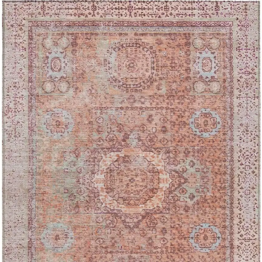 Orange And Ivory Floral Medallion Washable Indoor Outdoor Area Rug Photo 3