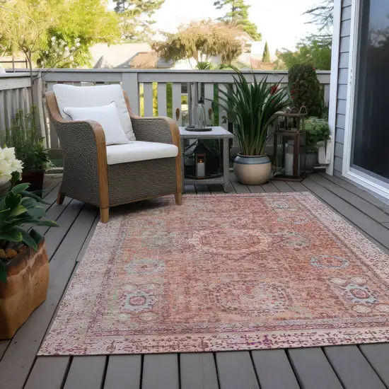 Orange And Ivory Floral Medallion Washable Indoor Outdoor Area Rug Photo 6