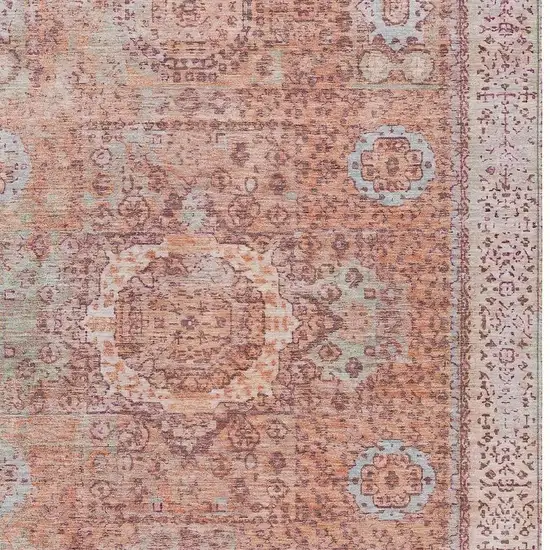 Orange And Ivory Floral Medallion Washable Indoor Outdoor Area Rug Photo 4