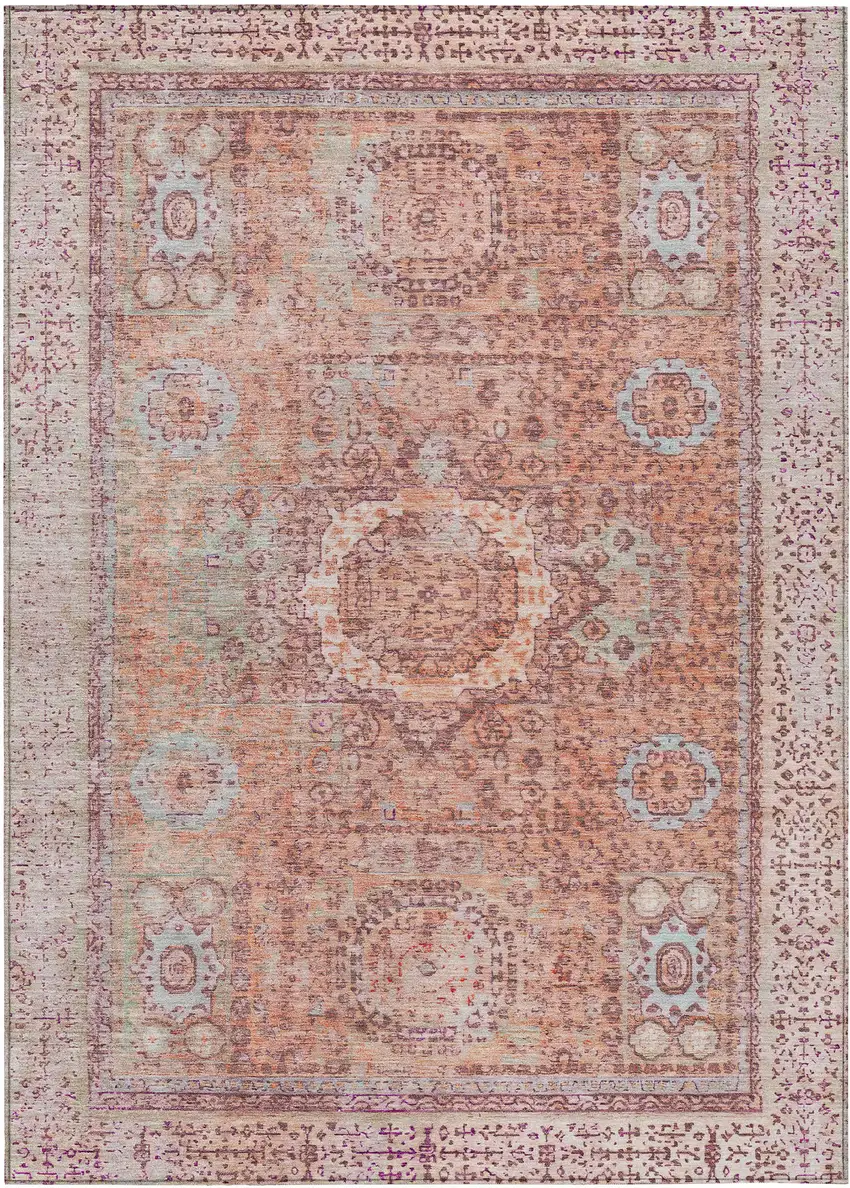 Orange And Ivory Floral Medallion Washable Indoor Outdoor Area Rug Photo 1