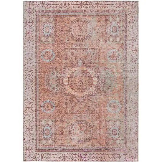 Orange And Ivory Floral Medallion Washable Indoor Outdoor Area Rug Photo 3