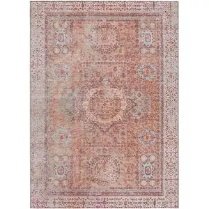 Photo of Orange And Ivory Floral Medallion Washable Indoor Outdoor Area Rug
