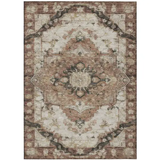 Orange And Ivory Floral Medallion Washable Indoor Outdoor Area Rug Photo 3