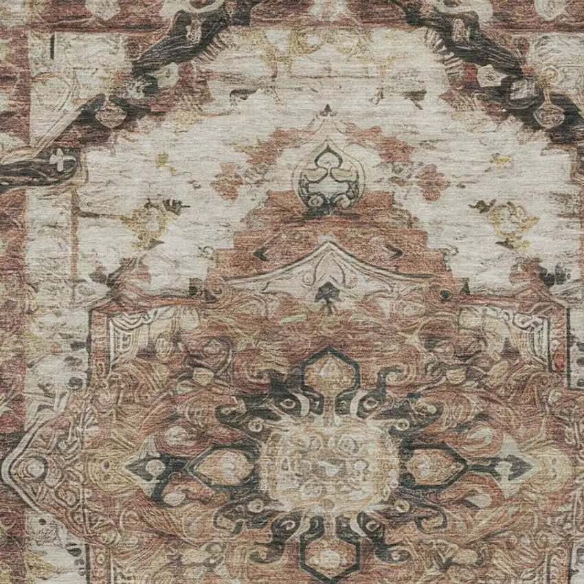 Orange And Ivory Floral Medallion Washable Indoor Outdoor Area Rug Photo 5