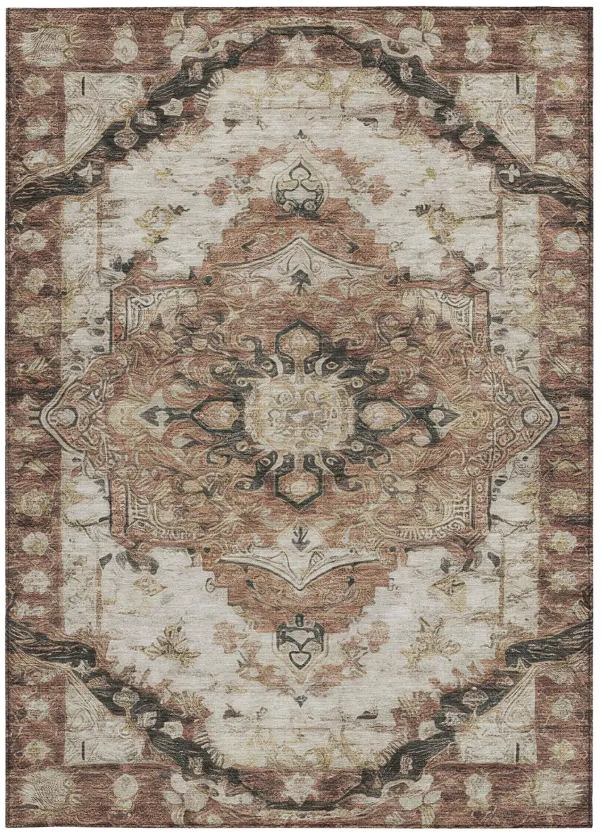 Orange And Ivory Floral Medallion Washable Indoor Outdoor Area Rug Photo 1