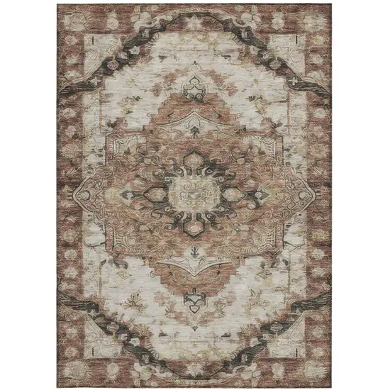 Orange And Ivory Floral Medallion Washable Indoor Outdoor Area Rug Photo 1