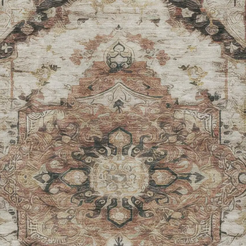 Orange And Ivory Floral Medallion Washable Indoor Outdoor Area Rug Photo 2