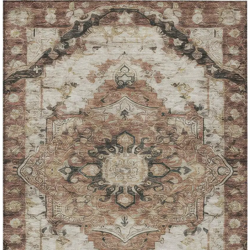 Orange And Ivory Floral Medallion Washable Indoor Outdoor Area Rug Photo 6