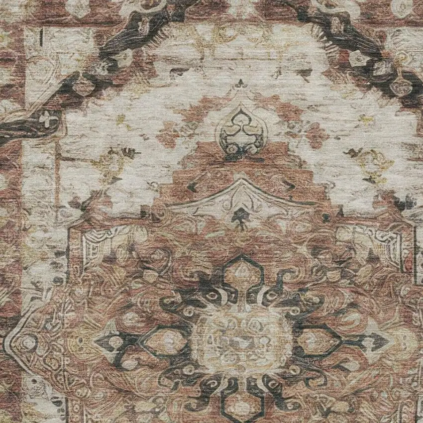 Orange And Ivory Floral Medallion Washable Indoor Outdoor Area Rug Photo 7