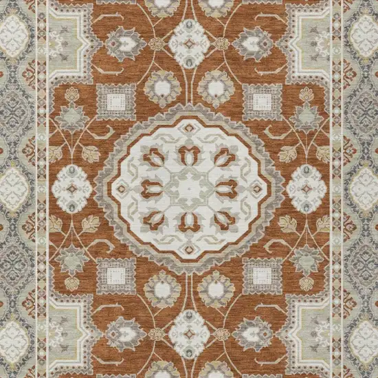 Orange And Ivory Floral Medallion Washable Indoor Outdoor Area Rug Photo 3