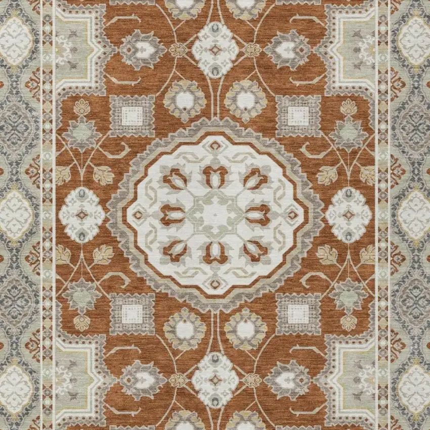 Orange And Ivory Floral Medallion Washable Indoor Outdoor Area Rug Photo 3