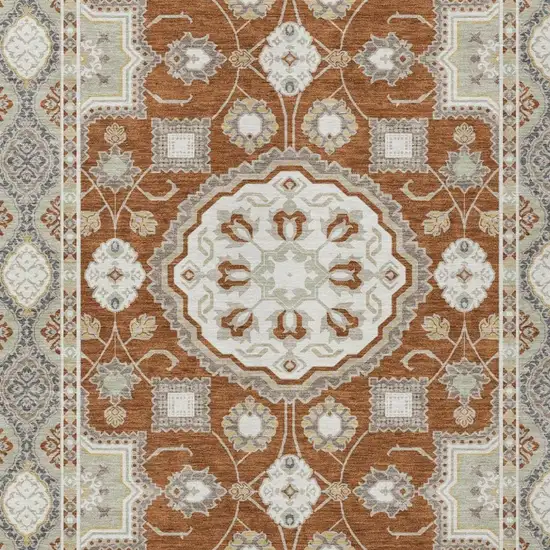 Orange And Ivory Floral Medallion Washable Indoor Outdoor Area Rug Photo 2