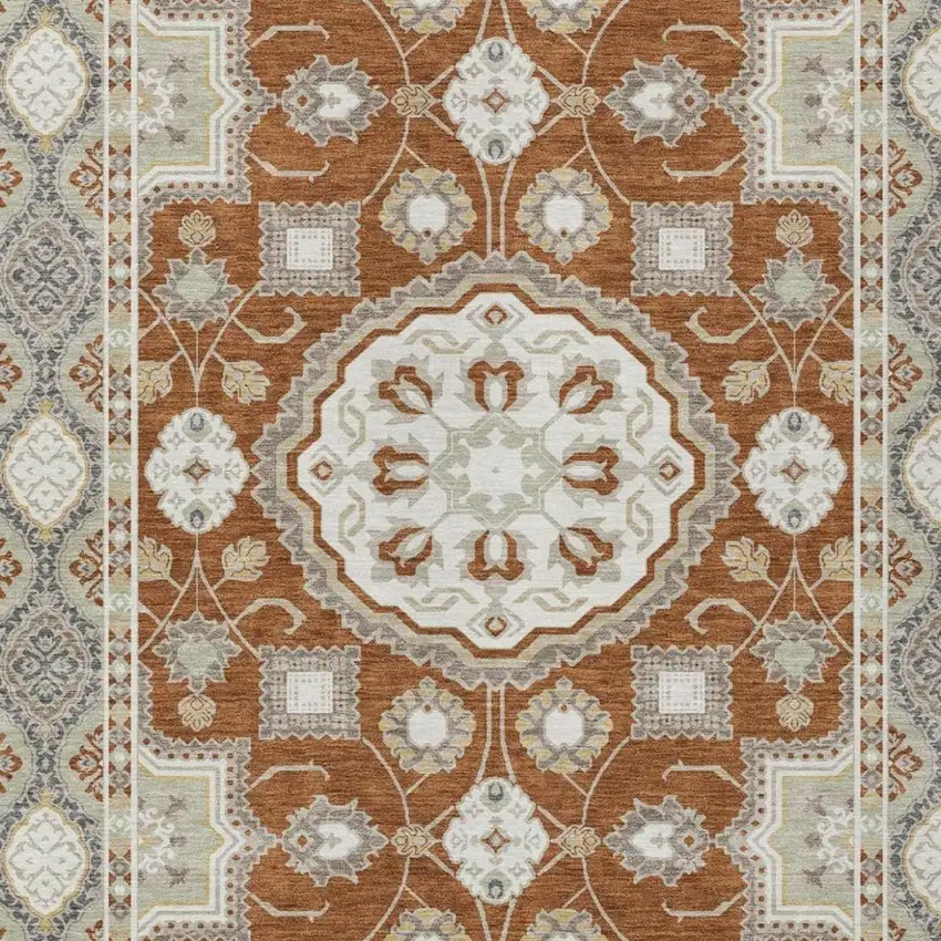 Orange And Ivory Floral Medallion Washable Indoor Outdoor Area Rug Photo 2