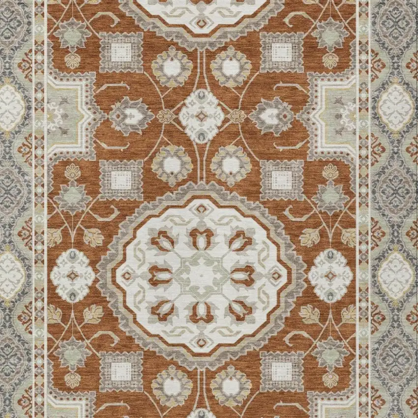 Orange And Ivory Floral Medallion Washable Indoor Outdoor Area Rug Photo 2