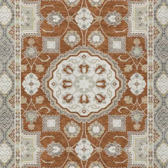 Orange And Ivory Floral Medallion Washable Indoor Outdoor Area Rug Photo 3