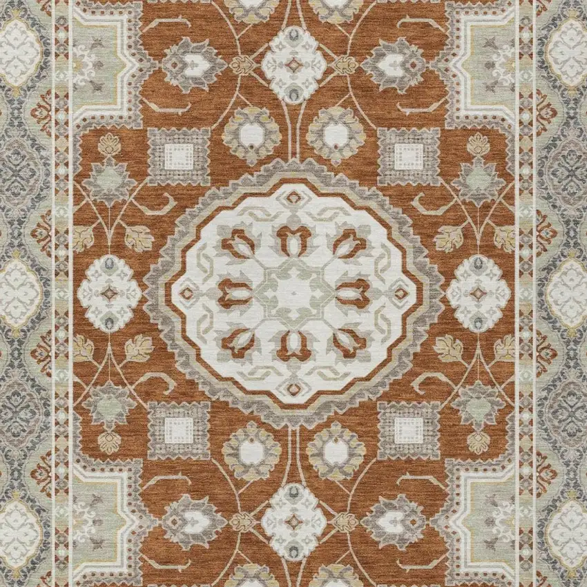 Orange And Ivory Floral Medallion Washable Indoor Outdoor Area Rug Photo 3