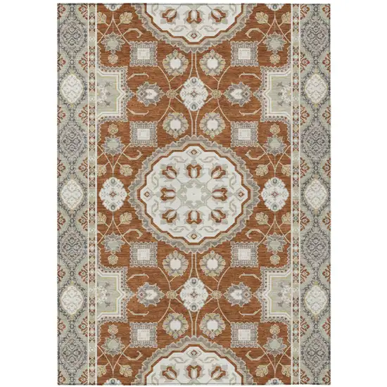 Orange And Ivory Floral Medallion Washable Indoor Outdoor Area Rug Photo 1