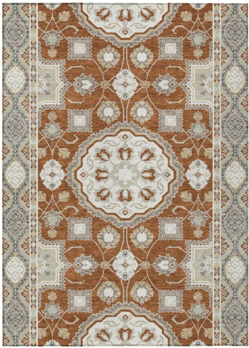Orange And Ivory Floral Medallion Washable Indoor Outdoor Area Rug Photo 1