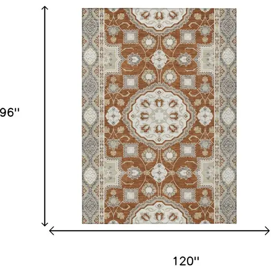 Orange And Ivory Floral Medallion Washable Indoor Outdoor Area Rug Photo 6