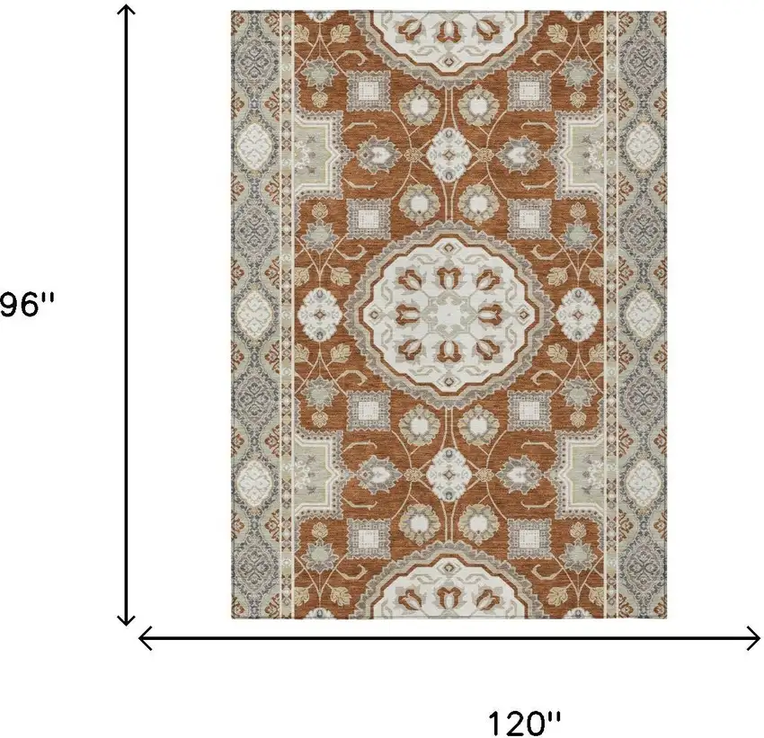 Orange And Ivory Floral Medallion Washable Indoor Outdoor Area Rug Photo 6