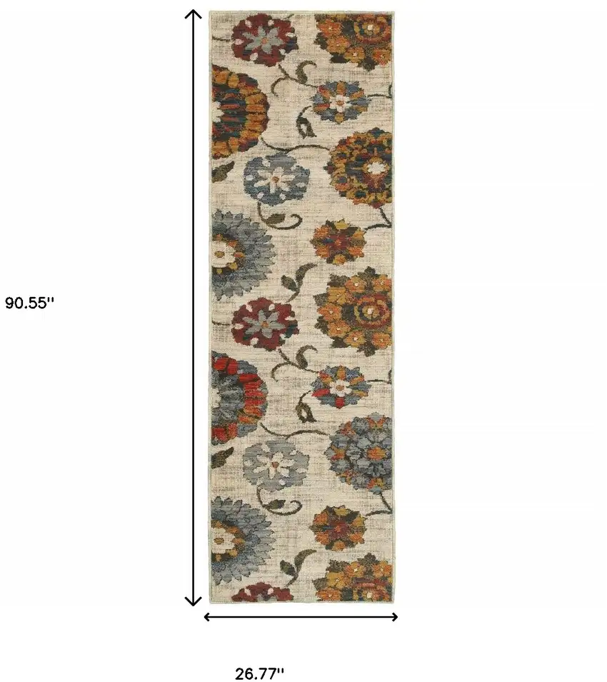 Orange And Ivory Floral Power Loom Runner Rug Photo 6