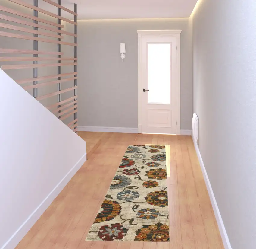 Orange And Ivory Floral Power Loom Runner Rug Photo 2
