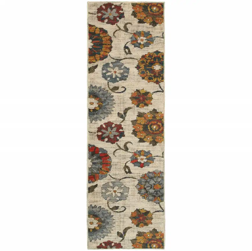 Orange And Ivory Floral Power Loom Runner Rug Photo 1