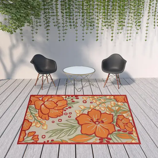 Orange And Ivory Floral Stain Resistant Indoor Outdoor Area Rug Photo 2