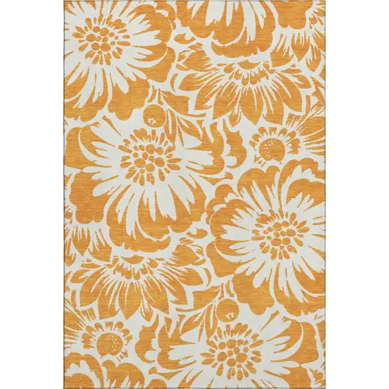 Orange And Ivory Floral Washable Area Rug With UV Protection Photo 1