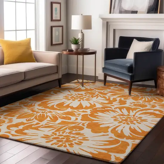 Orange And Ivory Floral Washable Area Rug With UV Protection Photo 4