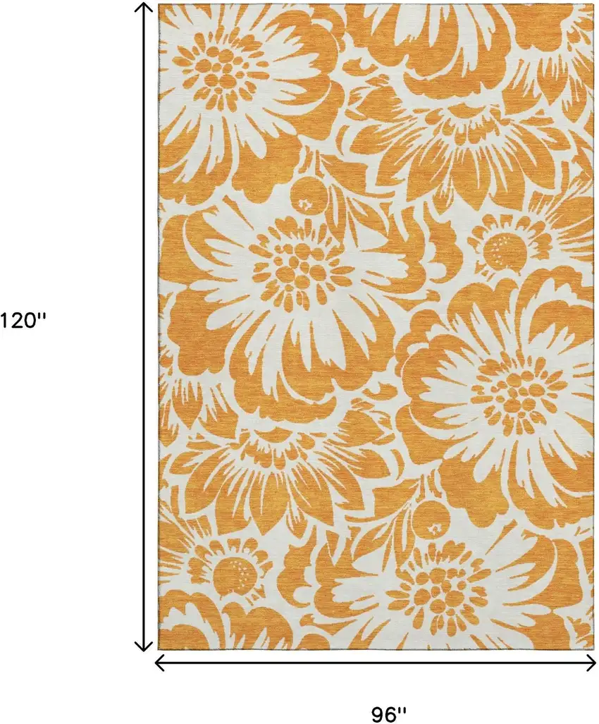 Orange And Ivory Floral Washable Area Rug With UV Protection Photo 9