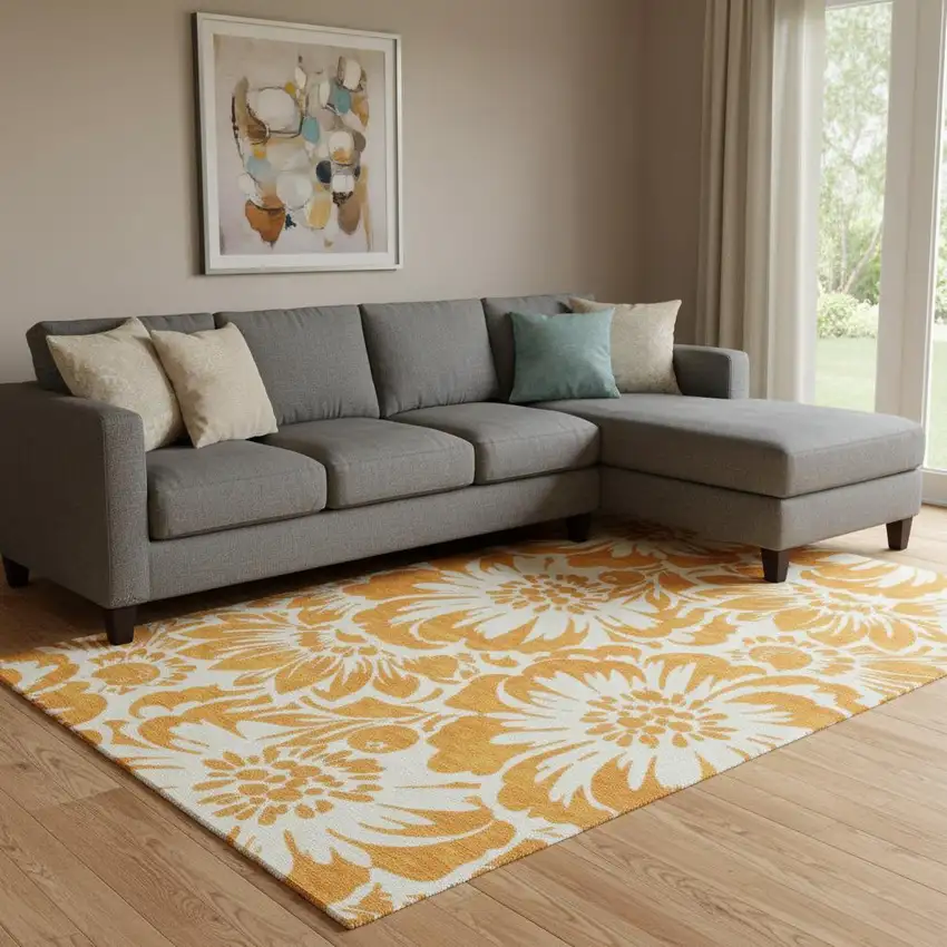 Orange And Ivory Floral Washable Area Rug With UV Protection Photo 1