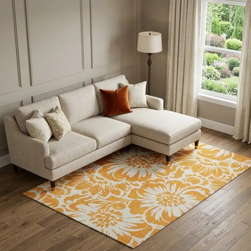 Orange And Ivory Floral Washable Area Rug With UV Protection Photo 1