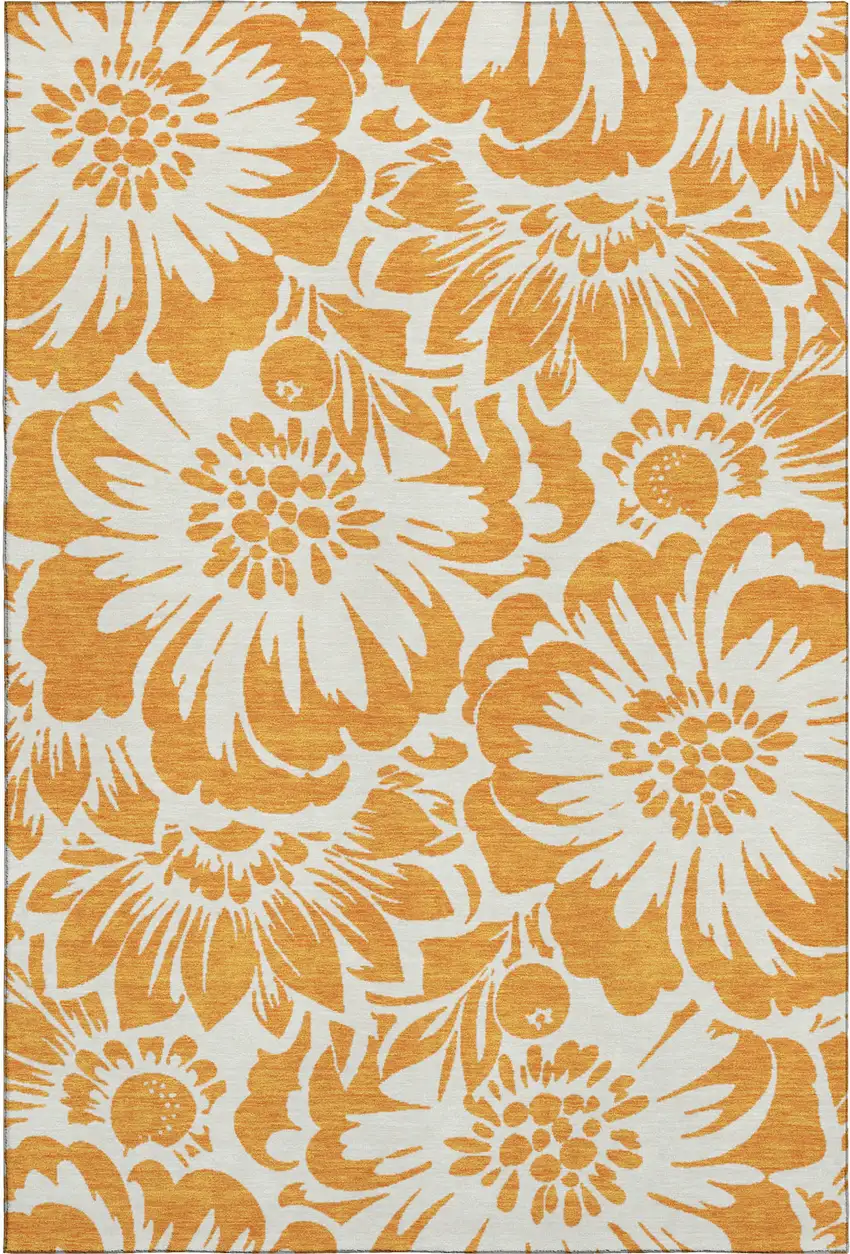 Orange And Ivory Floral Washable Area Rug With UV Protection Photo 1