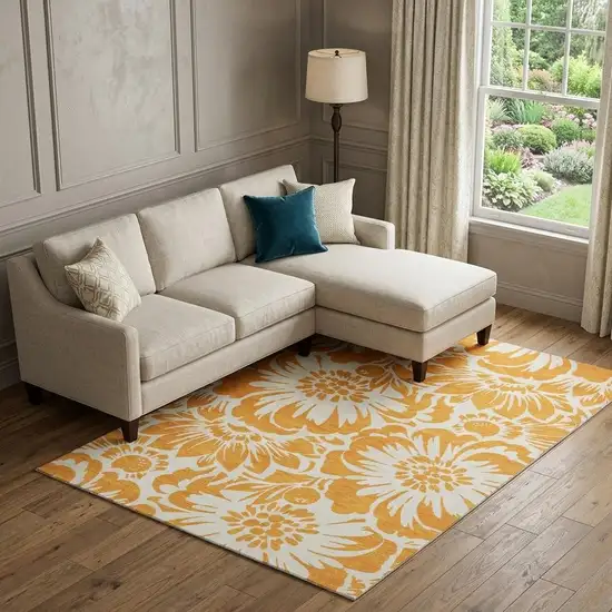 Orange And Ivory Floral Washable Area Rug With UV Protection Photo 1